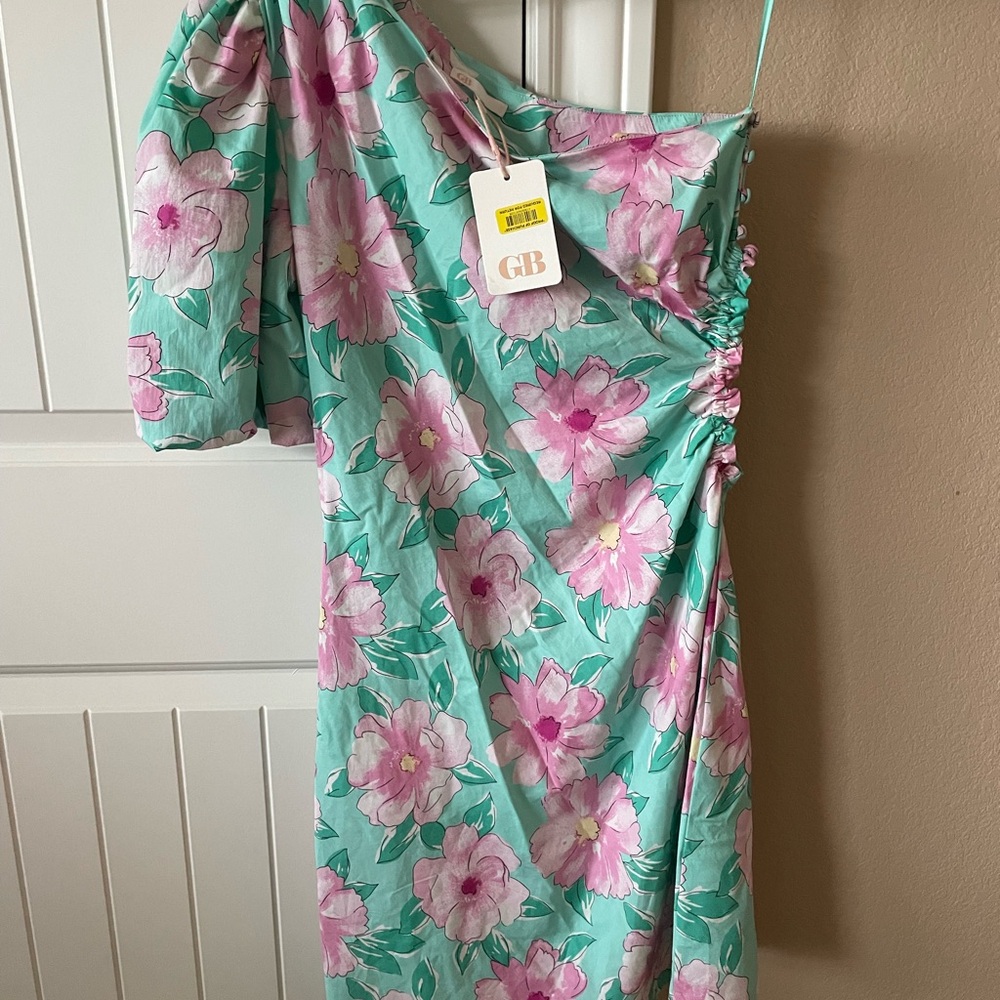 Gianni Bini One-Shoulder Floral Midi Dress in Aqua and Pink